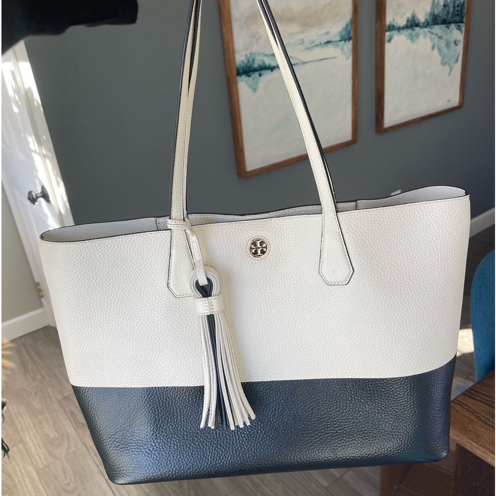 Tory Burch White and Black tasseled Leather Tote